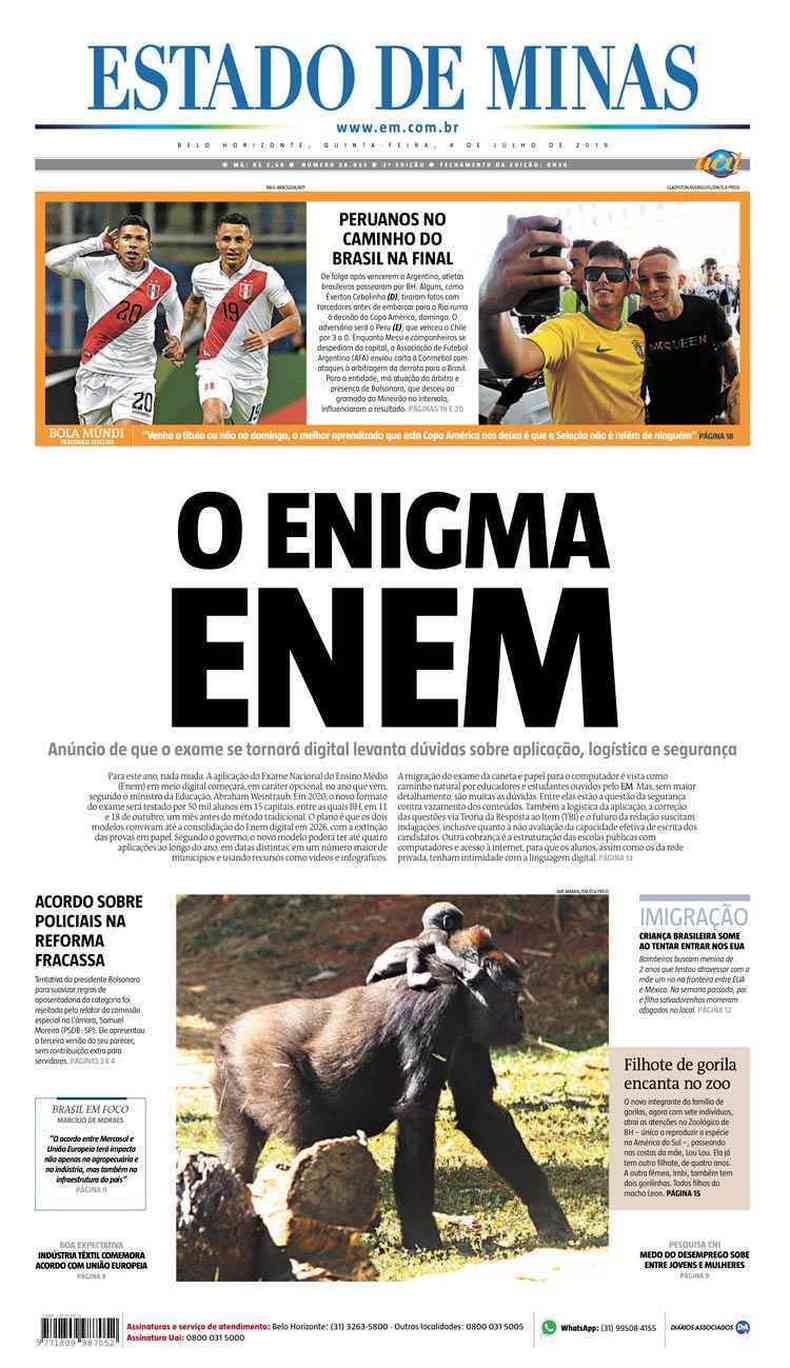 Confira a Capa do Jornal Estado de Minas do dia 04/07/2019(foto: Estado de Minas)
