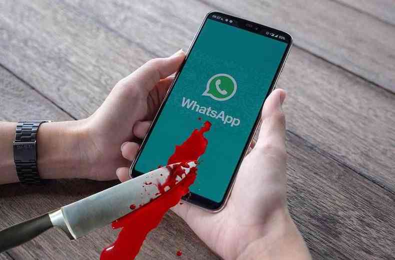 montagem mostrando uma faca suja de sangue e uma pessoa com o aplicativo WhatsApp na tela do celular