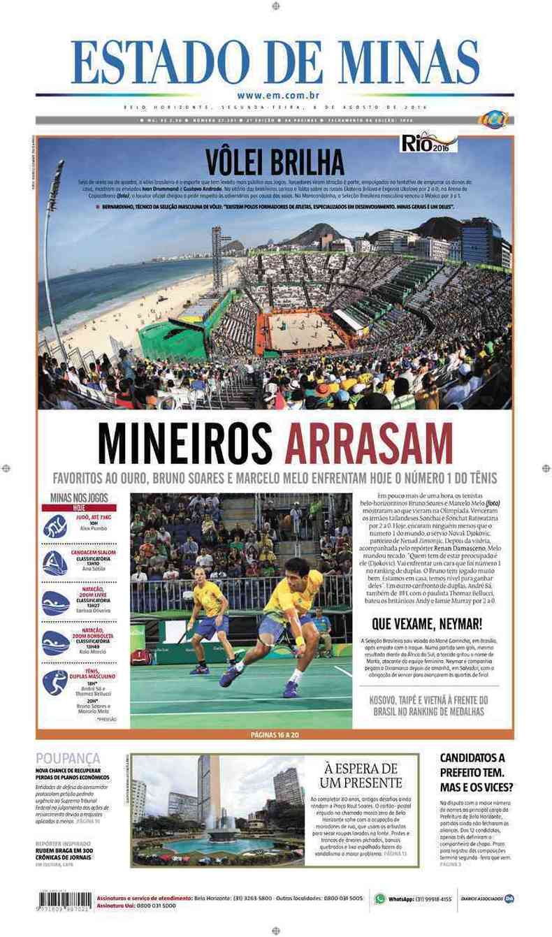 Confira a Capa do Jornal Estado de Minas do dia 08/08/2016