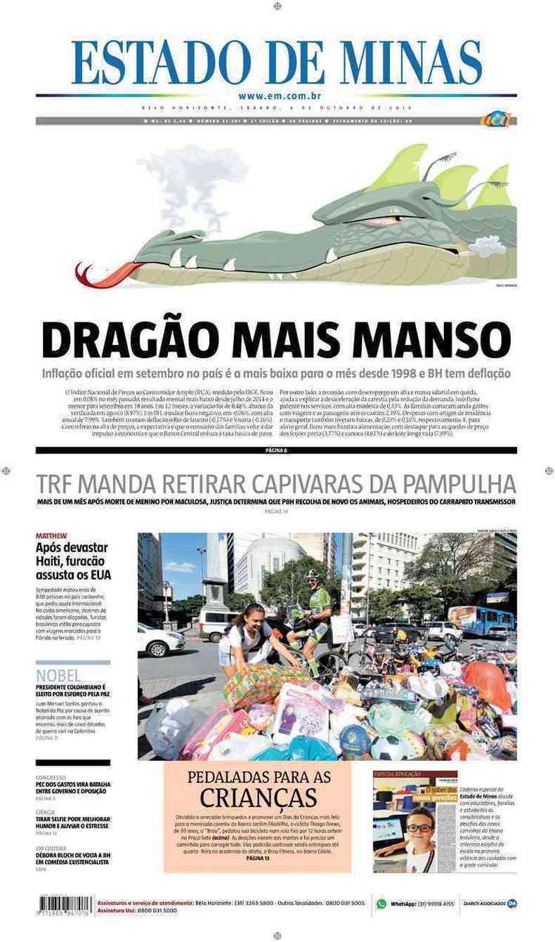 Confira a Capa do Jornal Estado de Minas do dia 08/10/2016