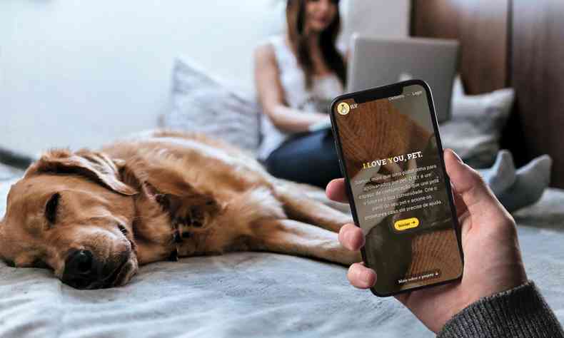 Labrador deitado em uma cama com uma mulher ao fundo, em primeiro plano uma mão segurando um celular com o app ILY