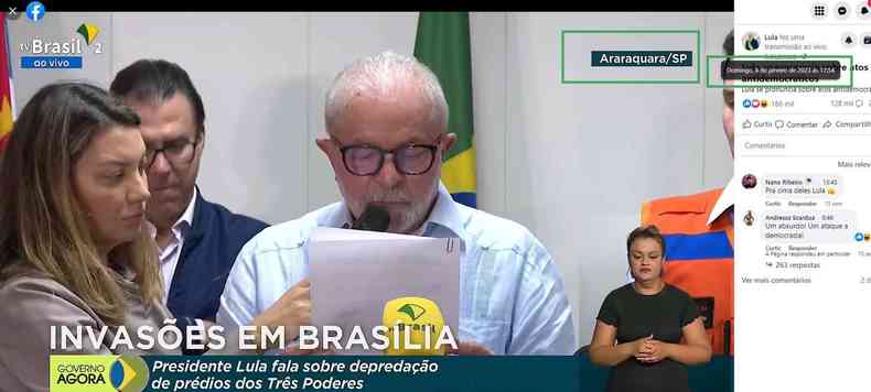 Captura de tela da transmisso ao vivo no Facebook da coletiva de imprensa com o presidente Lula em Araraquara, em 8 de janeiro de 2023 