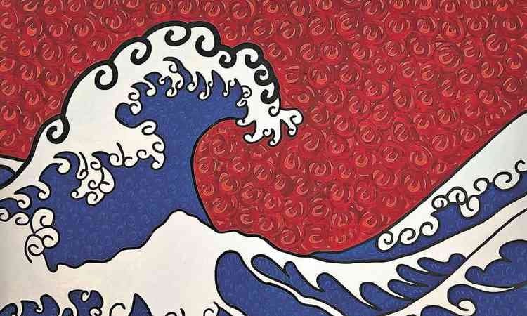 Quadro de Lucas Ksenhuk mostra onda do mar, em branco e azul, sob fundo vermelho