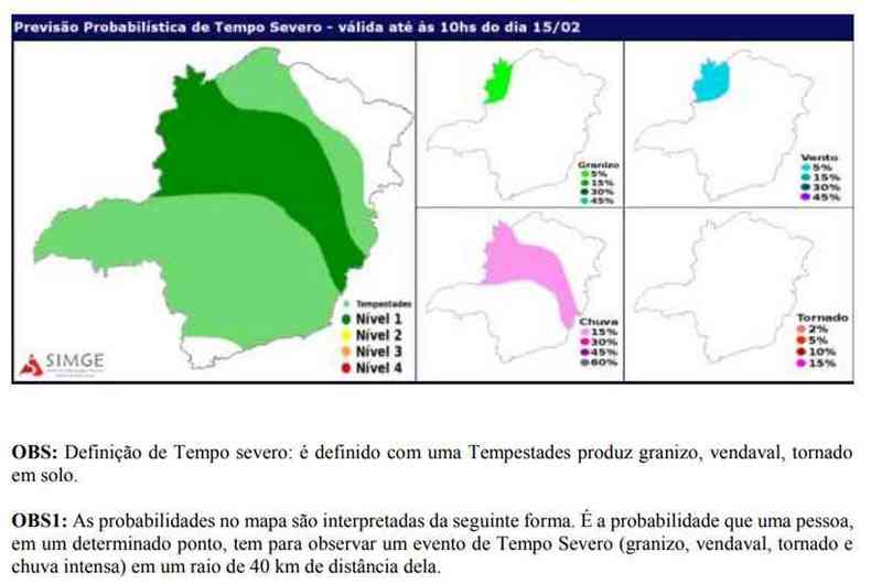 Mapa detalha a possibilidade de tempo severo em Minas(foto: Simge/Divulgação)