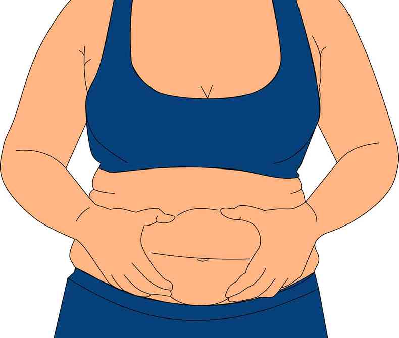 Ilustrao de mulher apertando a barriga e mostrando gordura abdominal