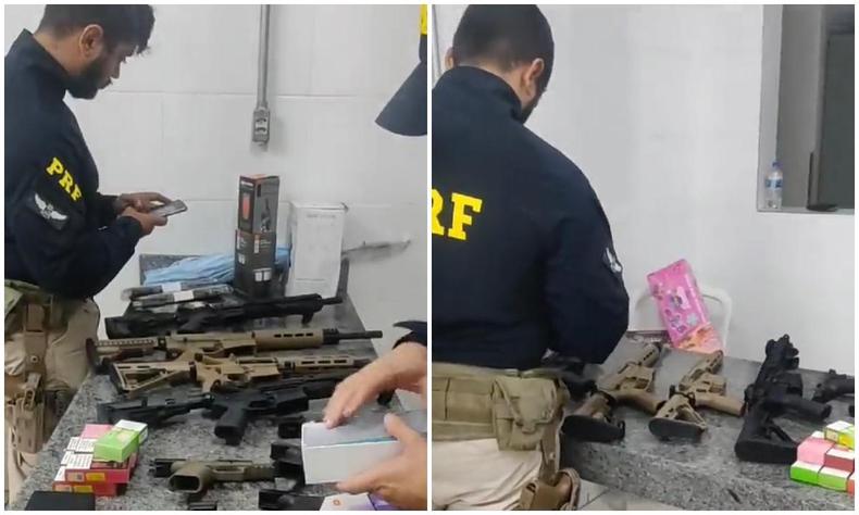 Quatro homens foram encaminhados, juntamente com armas, veículos e demais objetos, para a delegacia da Polícia Federal em Montes Claros(foto: PRF/Divulgação) Quatro homens foram encaminhados, juntamente com as armas, veículos e demais objetos, para a delegacia da Polícia Federal em Montes Claros