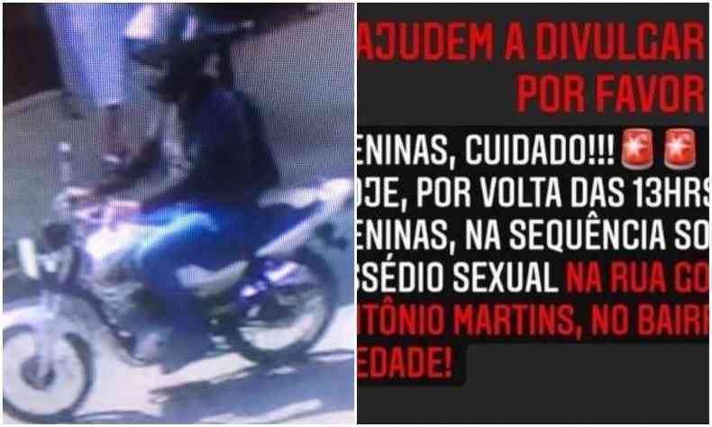 Imagem do suposto homem de motocicleta que assedia as mulheres em Itana e mensagem da denncia que viralizou