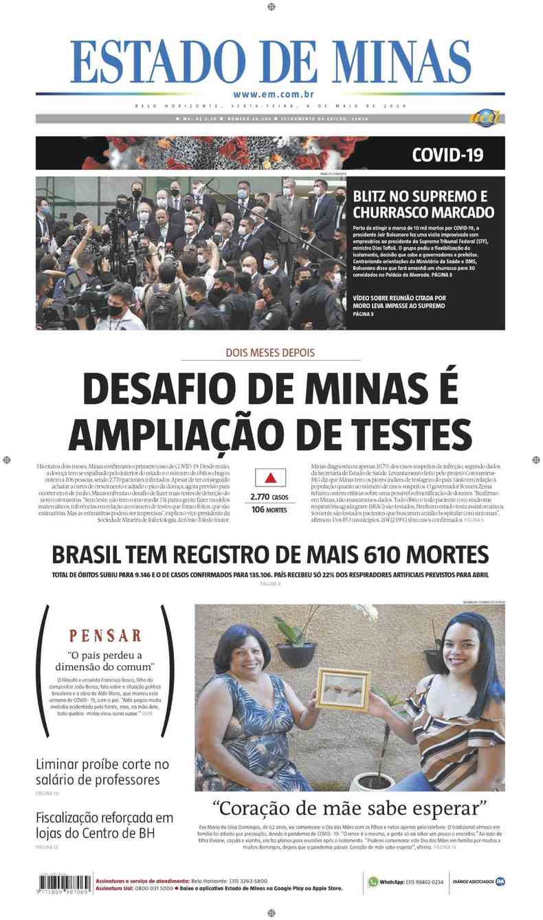 Confira a Capa do Jornal Estado de Minas do dia 08/05/2020(foto: Estado de Minas)