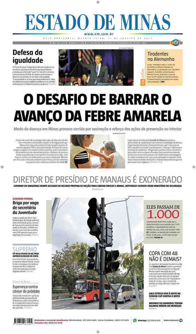 Confira a Capa do Jornal Estado de Minas do dia 11/01/2017