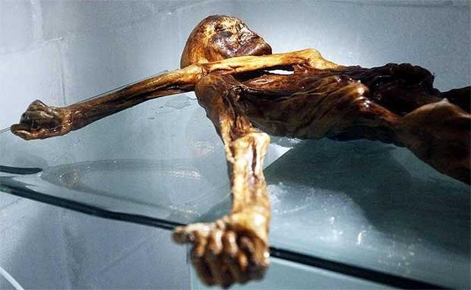 O corpo mumificado de Otzi, o homem de Similaun descoberto em 1991 em um glaciar entre �ustria e It�lia(foto: AFP PHOTO / Andrea Solero)