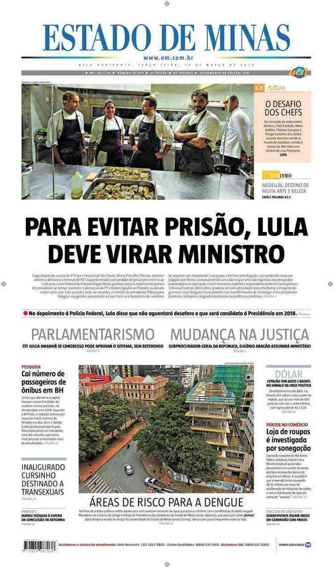 Confira a Capa do Jornal Estado de Minas do dia 15/03/2016