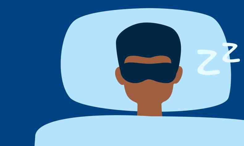 Ilustrao mostra homem dormindo usando protetor para os olhos