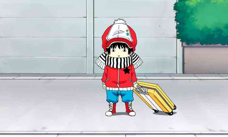 De gorro, casaco e botas vermelhas, com cala azul, Kotaro carrega mala amarela e faz cara de tristeza 