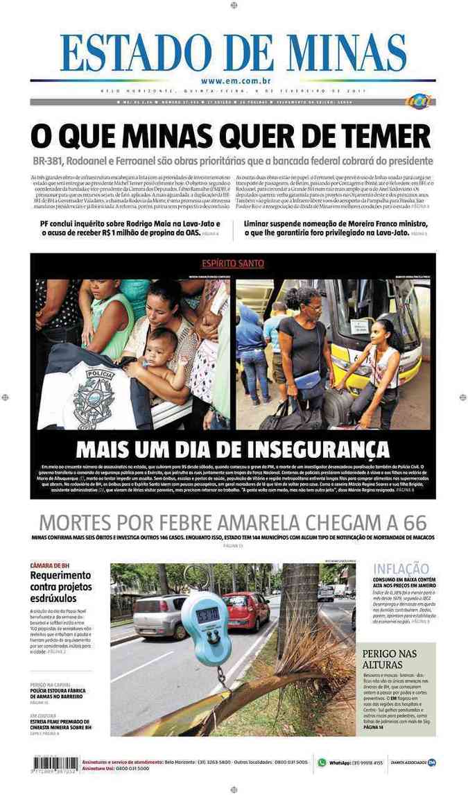 Confira a Capa do Jornal Estado de Minas do dia 09/02/2017