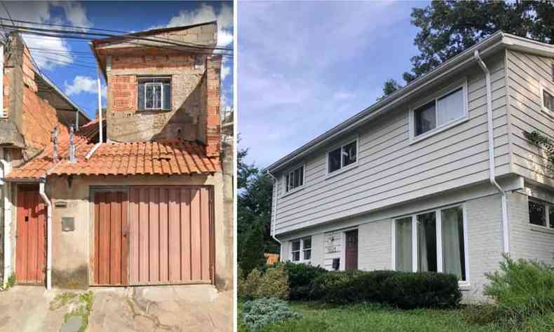  esquerda, casa na qual Camila viveu em Santa Cruz de Minas;  direita, casa na qual ela mora atualmente em Fairfax