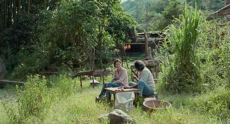 Ator e atriz conversam sentados em meio  natureza em cena de Memria 