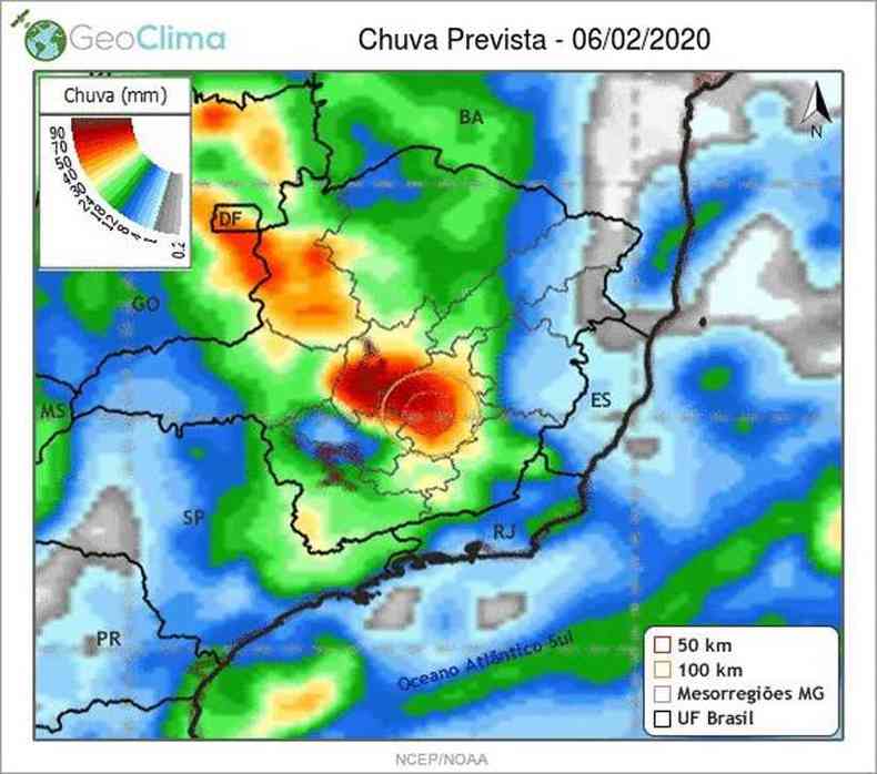 Mapa mostra volume de chuva (esq) previsto em Minas Gerais na quinta-feira. Região Central, onde se encontra BH e a Região Metropolitana, aparece em vermelho, com maiores volumes(foto: Defesa Civil de Belo Horizonte/Divulgação)