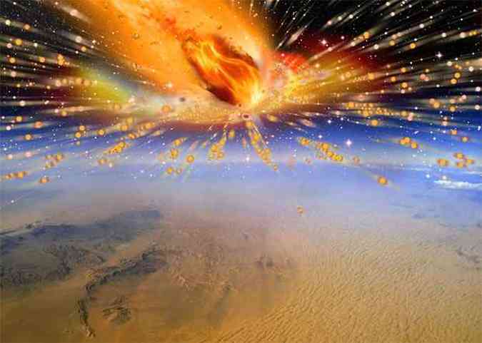 Criação de artista ilustra a explosão do cometa na atmosfera da Terra sobre o Egito. Cientistas acreditam que encontraram o 1º exemplar conhecido do núcleo de um cometa e não só um tipo pouco comum de meteorito(foto: Terry Bakker/Witwatersrand University /Divulgação)
