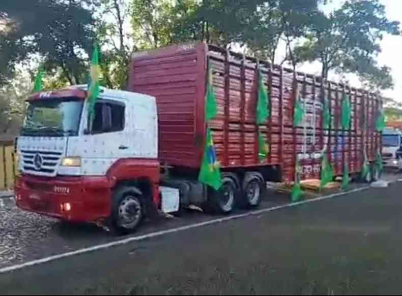 Caminhão de transporte de gado segue rumo Brasília para o 07/09 enfeitado de bandeiras do Brasil
