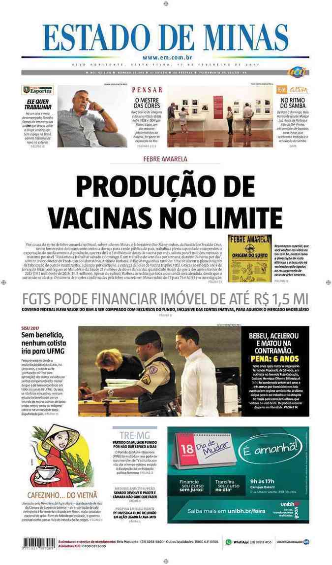 Confira a Capa do Jornal Estado de Minas do dia 17/02/2017