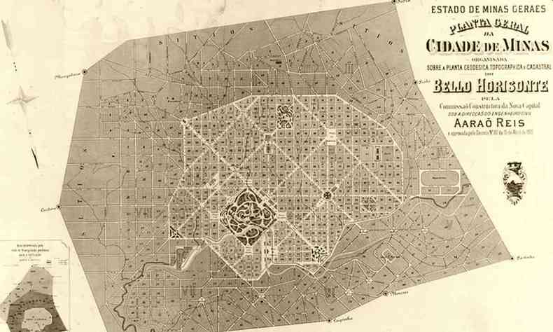 mapa antigo mostra a planta do centro de Belo Horizonte