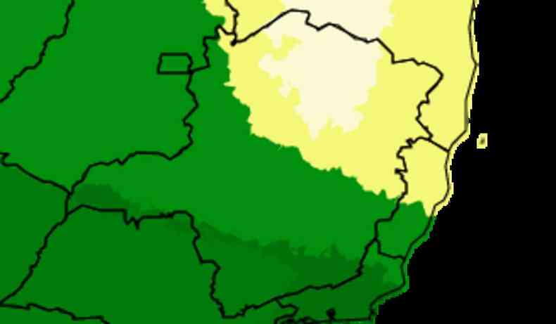 Mapa de Minas, poro Sul em verde bem escuro, poro central verde escuro; acima dela, verde claro.