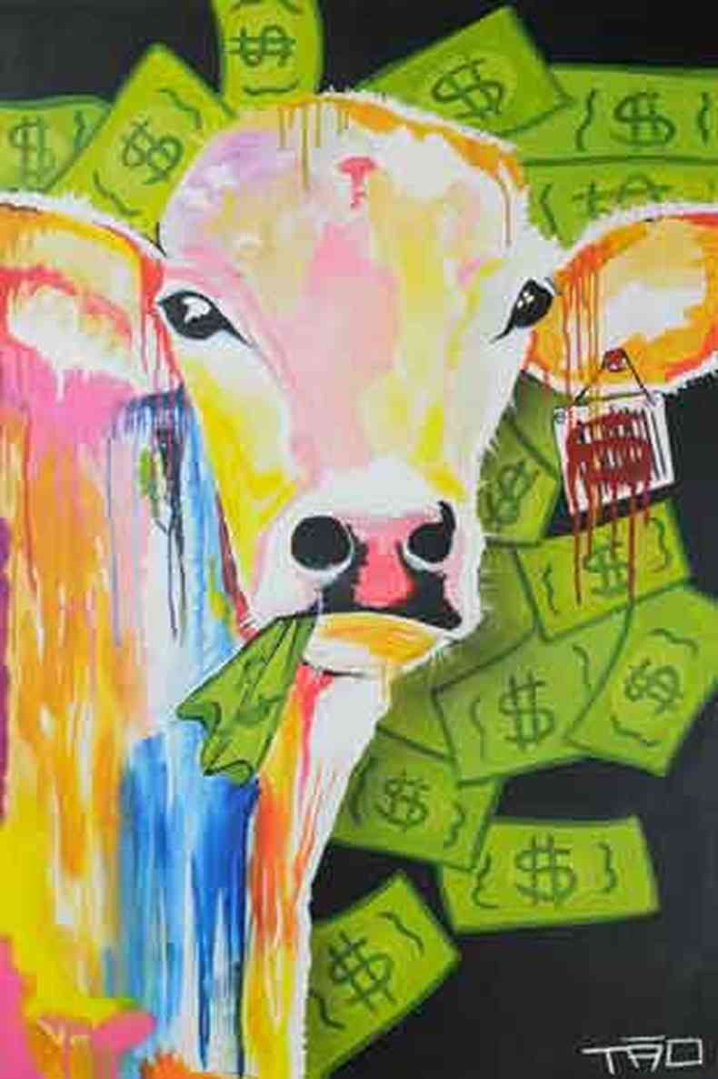 Tão pintou a cara de um boi cercado de notas de dinheiro no quadro ''Capitalismo selvagem'' 