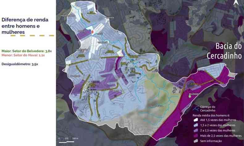 Mapa que mostra a desigualdade de renda entre homens e mulheres na bacia do cercadinho