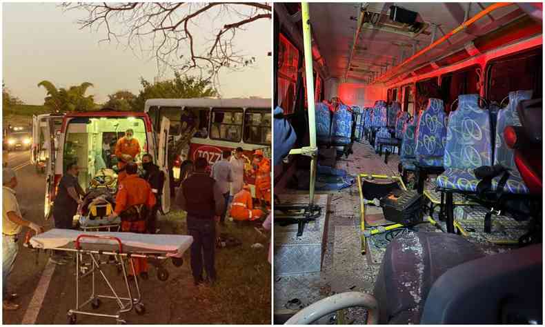 ambulncia de portas abertas s margens da rodovia. Maca pronta para receber vtima. Ao lado, foto do interior do nibus vazio e danificado. 