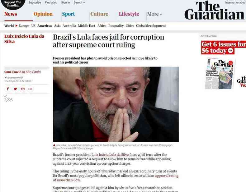 O britnico The Guardian destacou o motivo da priso de Lula em reportagem com destaque na capa(foto: Reproduo)