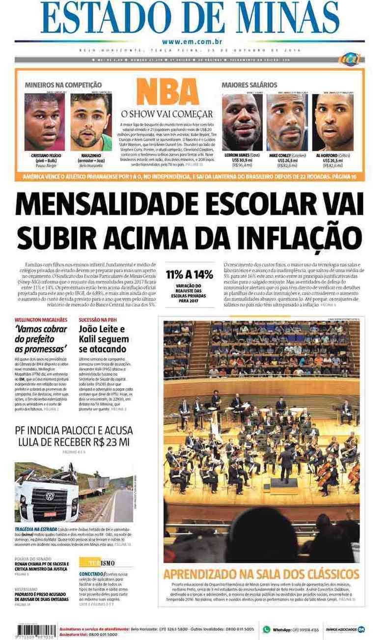 Confira a Capa do Jornal Estado de Minas do dia 25/10/2016