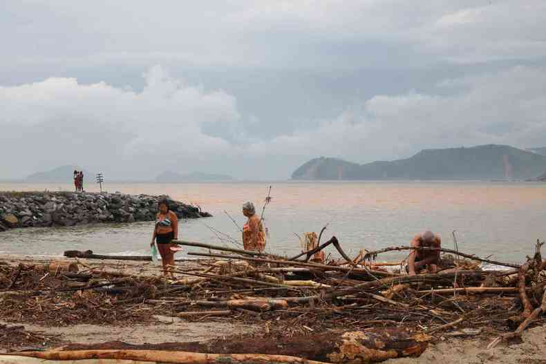 So Sebastio (SP), 21/02/2023, Troncos de rvores e gua do mar barrenta na praia de Boiucanga aps enchentes e deslizamentos no litoral norte de So Paulo.
