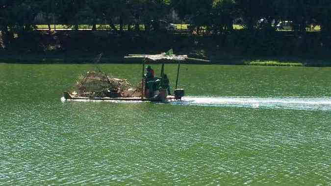 Operrios fazem a limpeza da superfcie da Lagoa da Pampulha(foto: Jair Amaral/EM/D.A.Press)