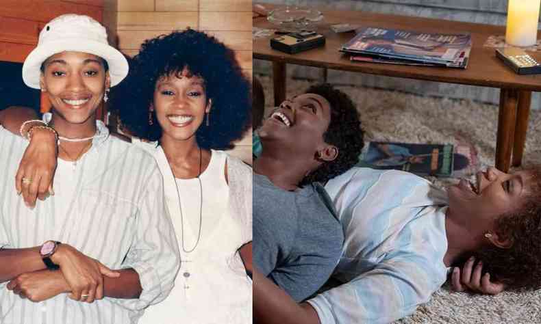 Montagem mostra imagens reais de Whitney Houston e Robyn Crawford à esquerda, e as duas interpretadas no filme pelas atrizes Naomi Ackie e Nafessa Williams, à direita 