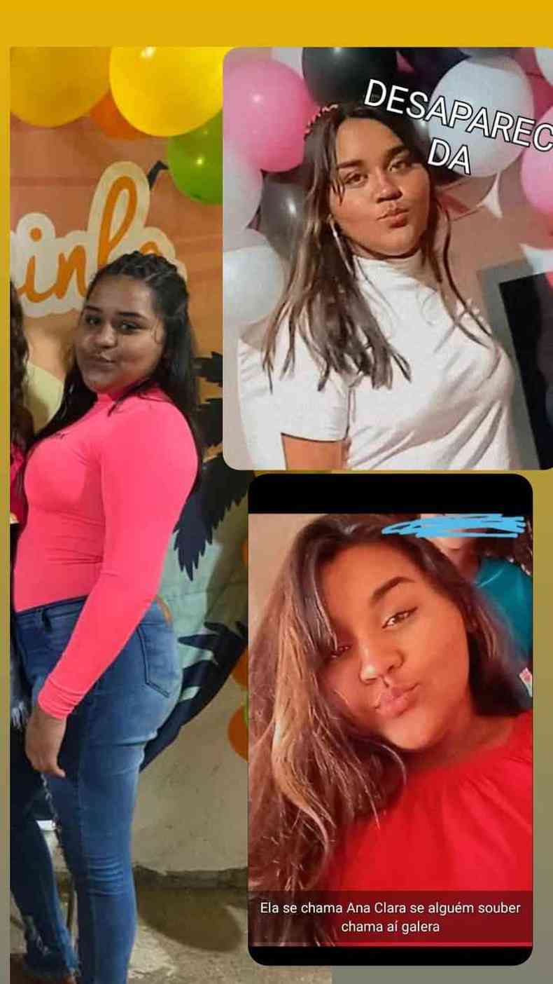 Fotos de Ana Clara, 14 anos, desaparecida em Ribeiro das Neves
