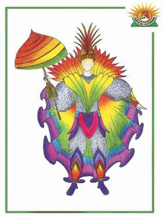 Fantasia multicolorida da escola de samba Canto da Alvorada explora o amarelo, o roxo e o vermelho