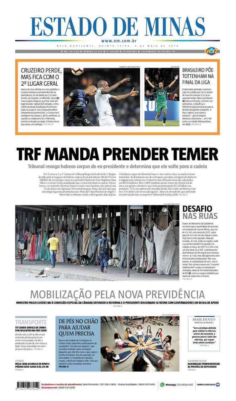Confira a Capa do Jornal Estado de Minas do dia 09/05/2019(foto: Estado de Minas)