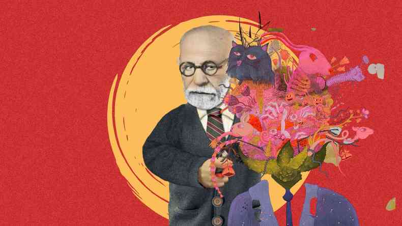 ilustrao com o rosto de Freud acompanhando de um buqu de flores com simulam ser o crebro de um homem 