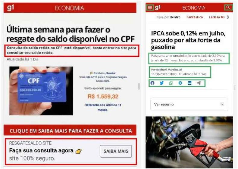 Comparao feita em 10 de agosto de 2023 entre a imagem manipulada (E) e uma matria original do portal g1
