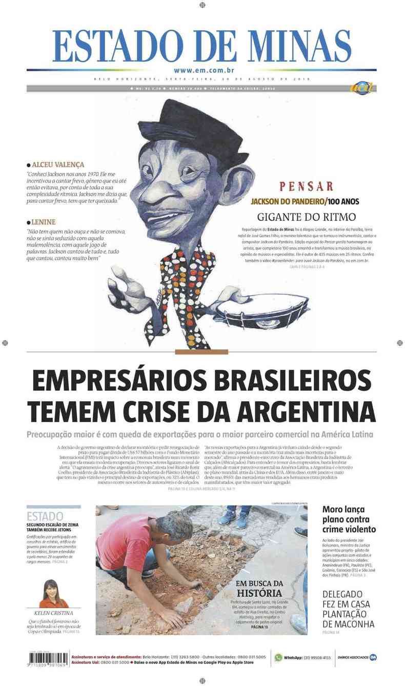 Confira a Capa do Jornal Estado de Minas do dia 30/08/2019(foto: Estado de Minas)