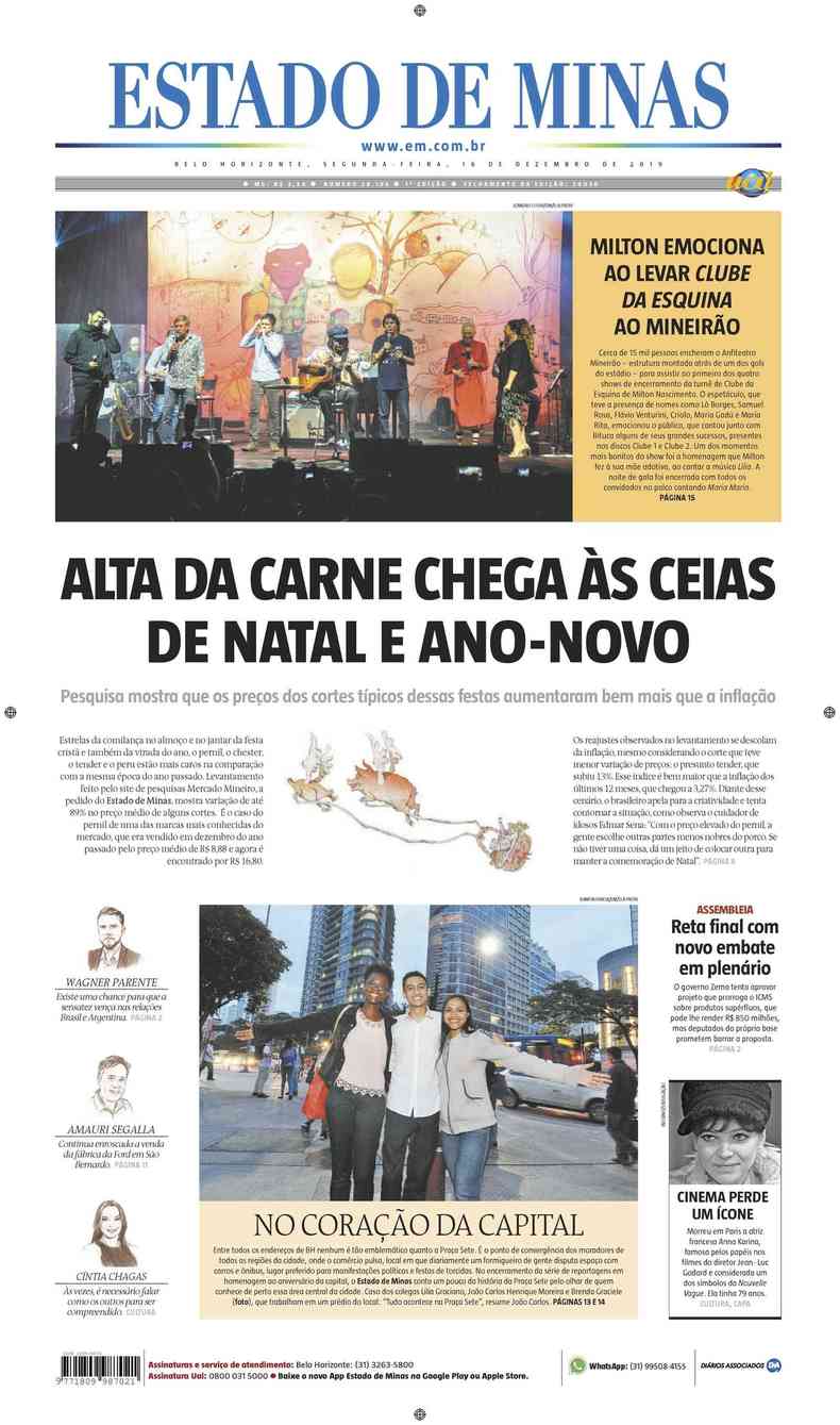 Confira a Capa do Jornal Estado de Minas do dia 16/12/2019(foto: Estado de Minas)