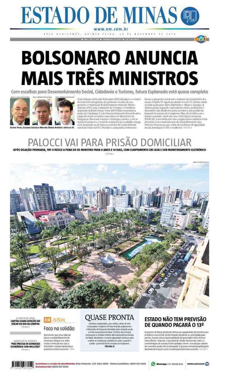 Confira a Capa do Jornal Estado de Minas do dia 29/11/2018(foto: Estado de Minas)