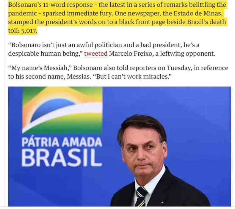 Capa do Estado de Minas citada em reportagem do jornal britnico The Guardian(foto: Reproduo The Guardian)