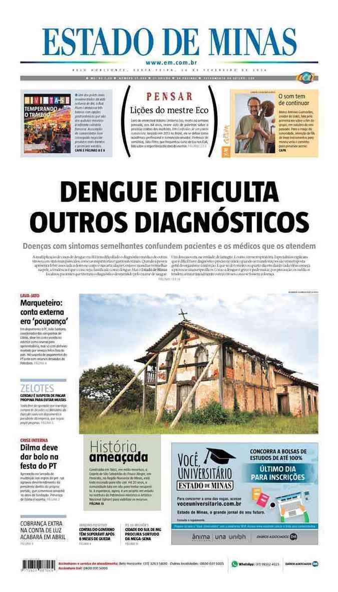 Confira a Capa do Jornal Estado de Minas do dia 26/02/2016
