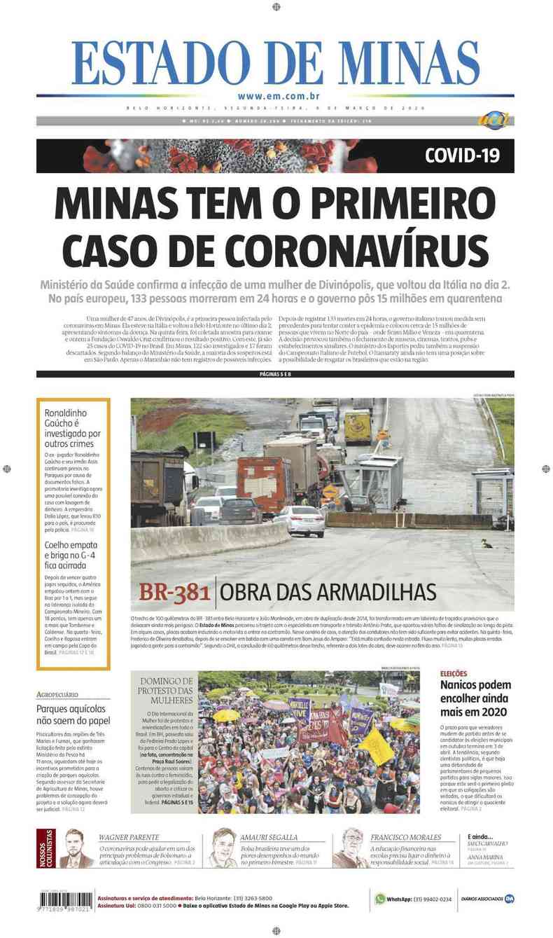 Confira a Capa do Jornal Estado de Minas do dia 09/03/2020(foto: Estado de Minas)