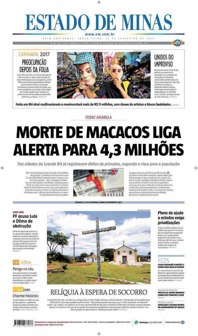 Confira a Capa do Jornal Estado de Minas do dia 21/02/2017