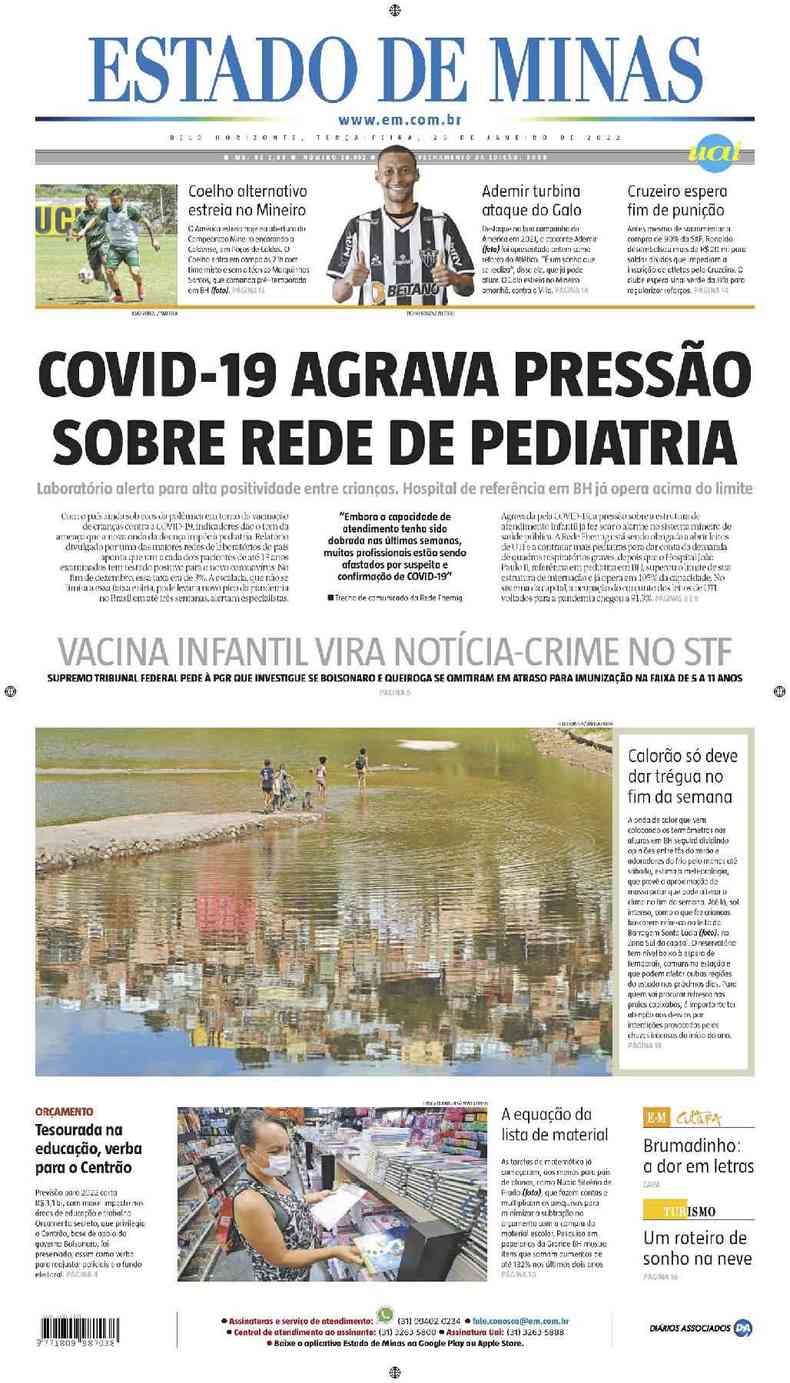 Confira a Capa do Jornal Estado de Minas do dia 25/01/2022