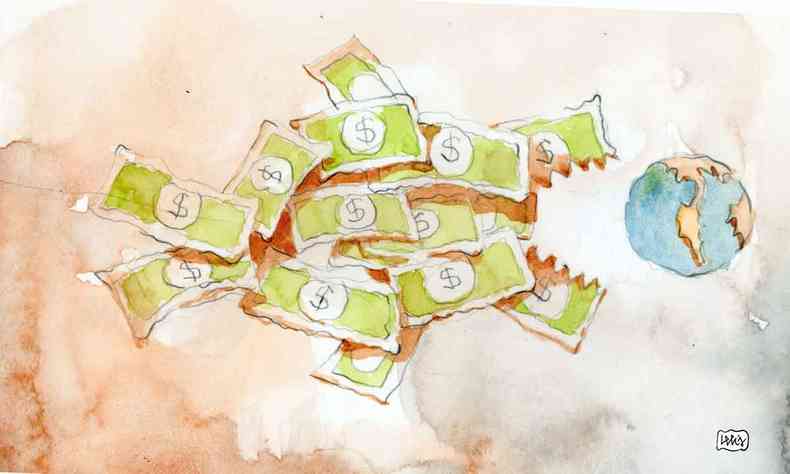 Ilustrao mostra um peixe, formado por notas de dinheiro, abocanhando o planeta Terra