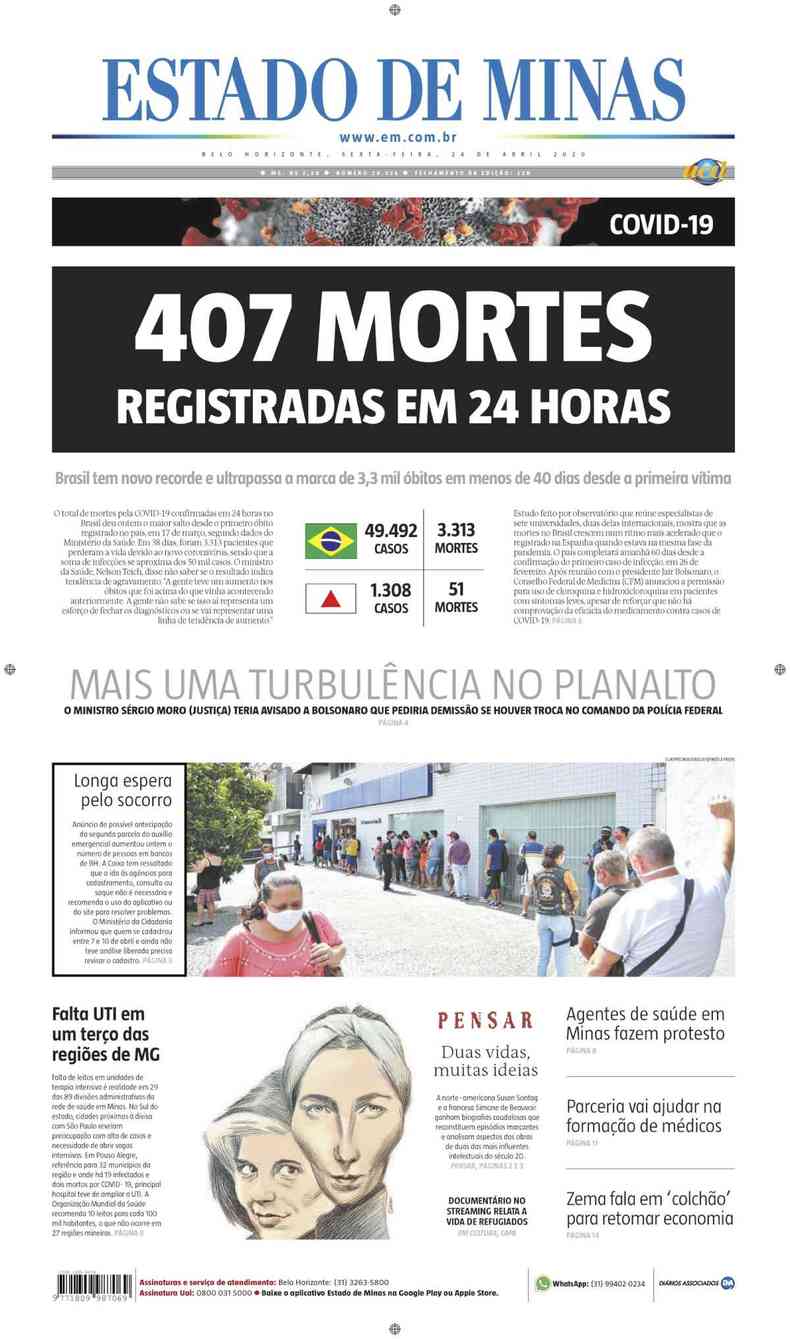 Confira a Capa do Jornal Estado de Minas do dia 24/04/2020(foto: Estado de Minas)