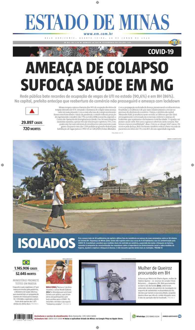 Confira a Capa do Jornal Estado de Minas do dia 24/06/2020(foto: Estado de Minas)